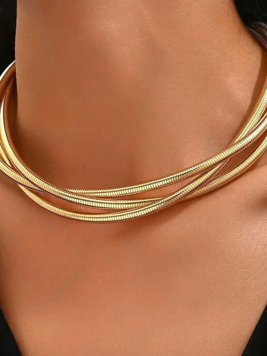 Chunky Gold Statement Choker Neckalce for Women Layered Snakebone Chain Collar N - Picture 2 of 8